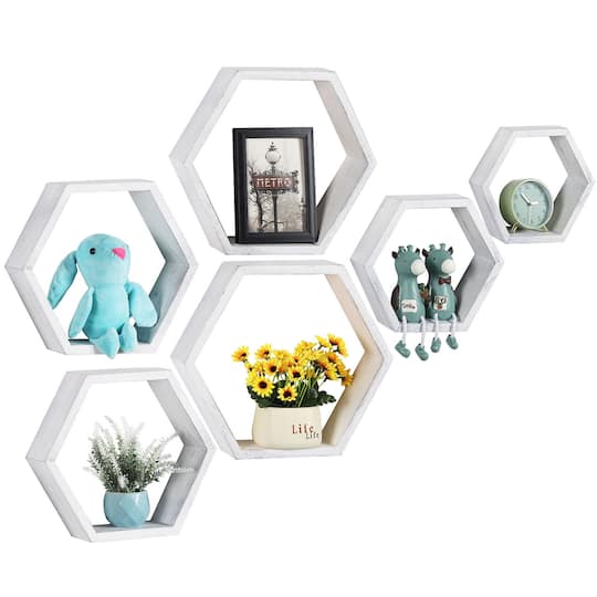 NEX&#x2122; LIANTRAL Hexagon Floating Wood Shelves Set